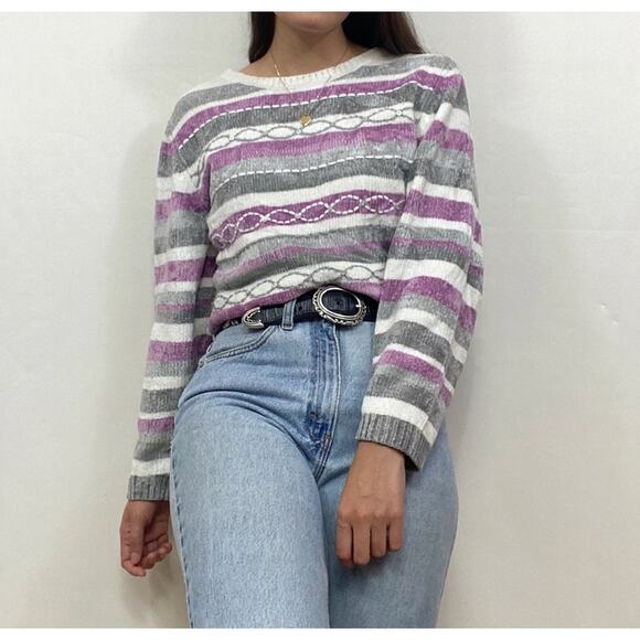 VTG Alfred Dunner Sweater LP Purple White Striped Chenille Pullover Grandma - Picture 4 of 15